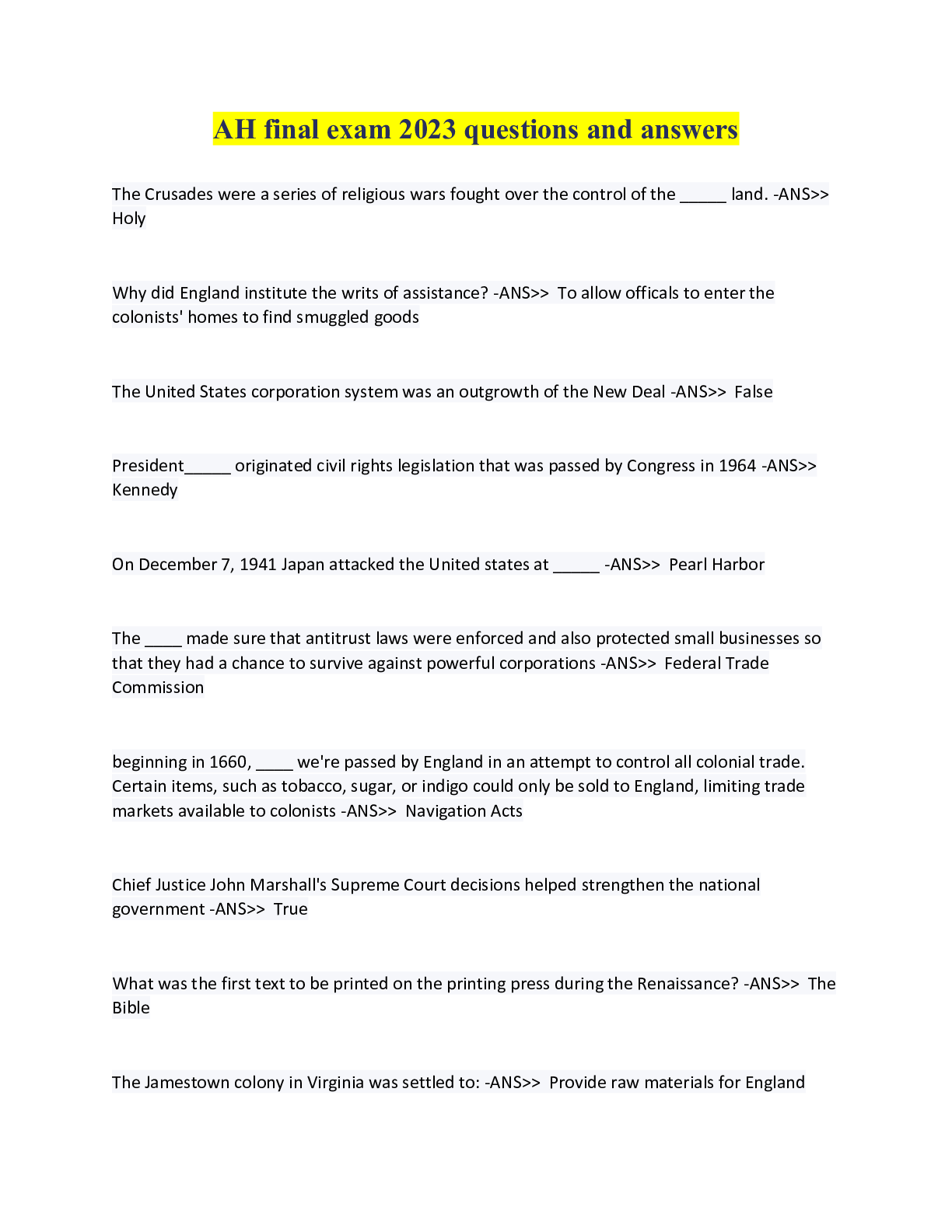 Preview image for AH final exam 2023 questions and answers